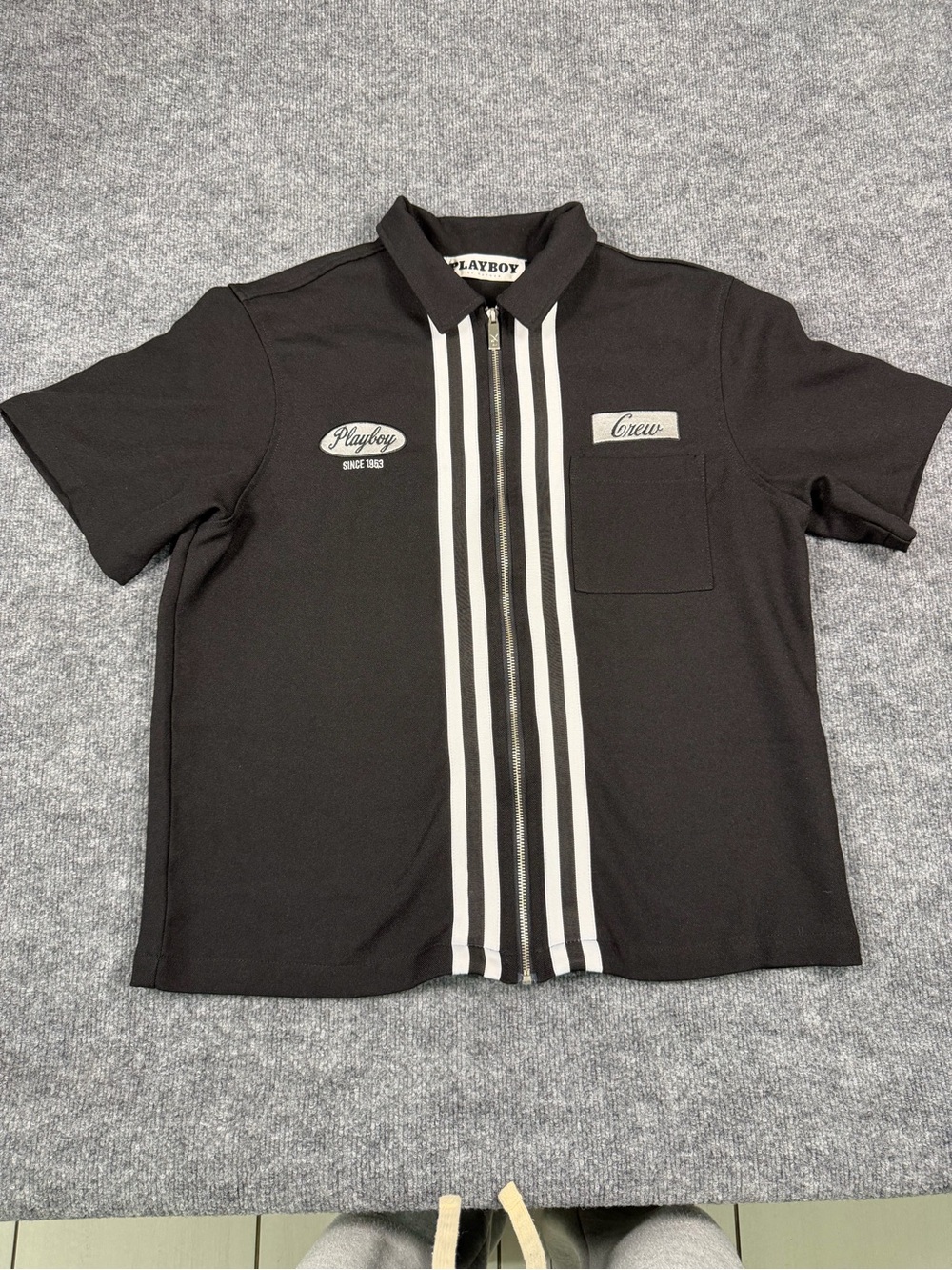 PLAYBOY Black Short-Sleeve Zip Polo with White Racing Stripes